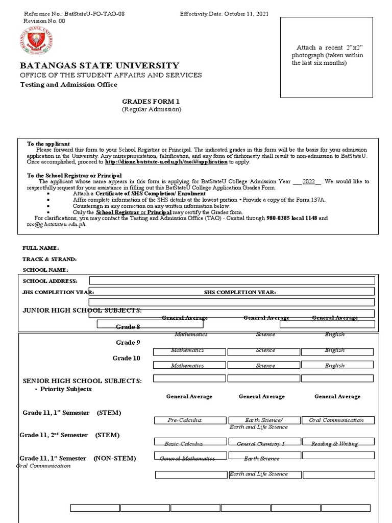 BatStateU Grades Form 1 for Admission | PDF | Science, Technology ...