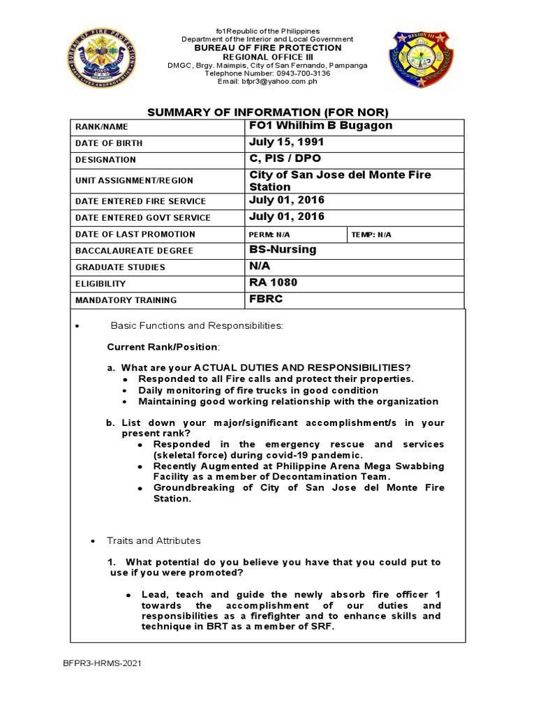 BFP Duties and Accomplishments of FO1 | PDF | Cognition