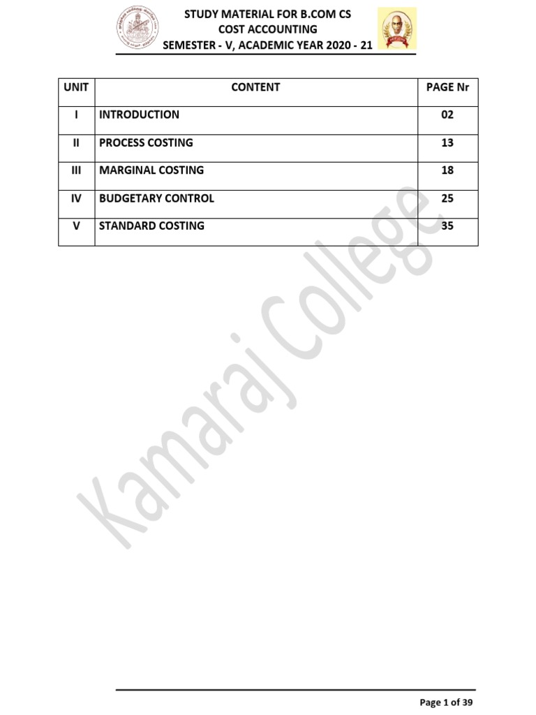 Cost Accounting Study Material for B.Com | PDF | Cost Accounting ...