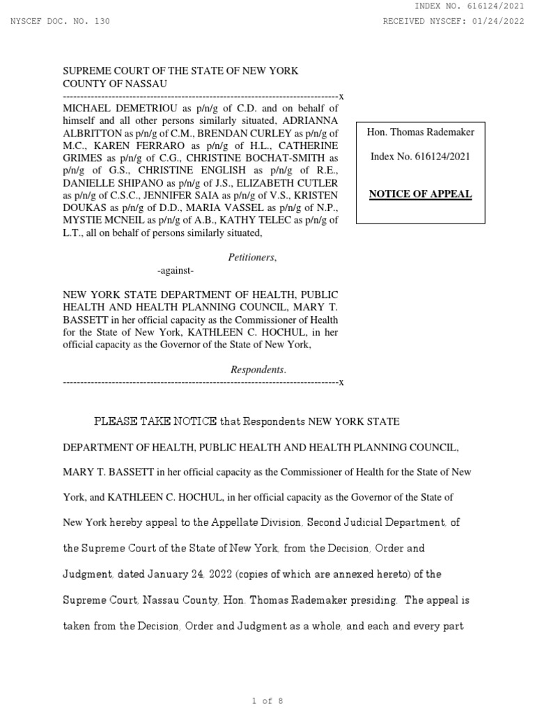 Notice of Appeal Nassau County Mask Ruling | PDF | Constitutional Law ...