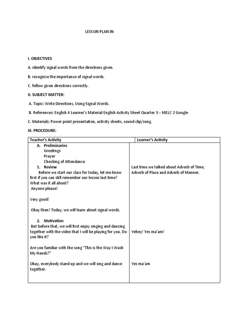 Signal Words in English 101 Lesson Plan | PDF | Lesson Plan | Learning