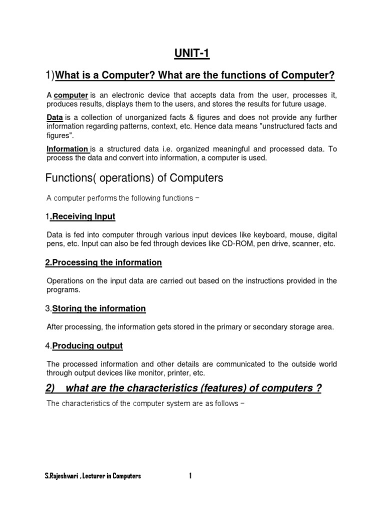UNIT-1: What Is A Computer? What Are The Functions of Computer? | PDF ...