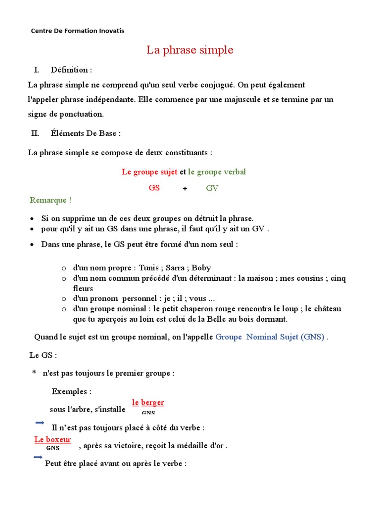 Définition et éléments de la phrase simple | PDF | Phrase | Complément ...