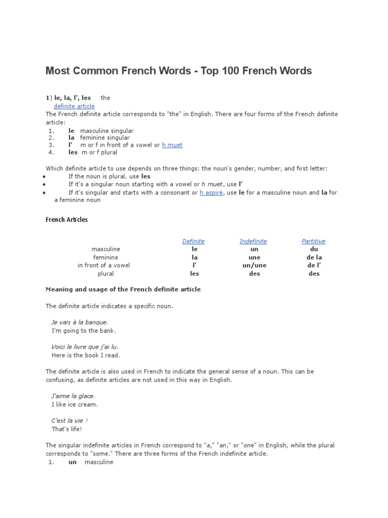Most Common French Words PDF Grammatical Gender Grammatical Number