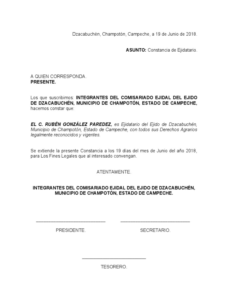 Constancia De Ejidatario Pdf
