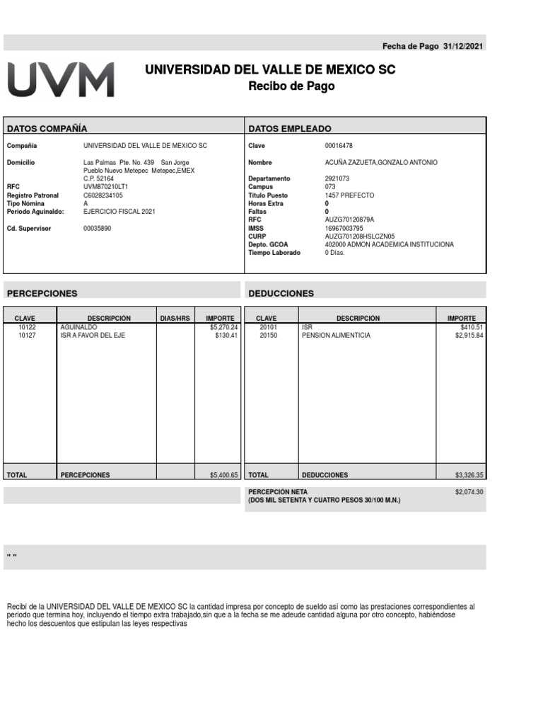 Recibo de Pago UVM 2021: Aguinaldo y Deducciones | PDF