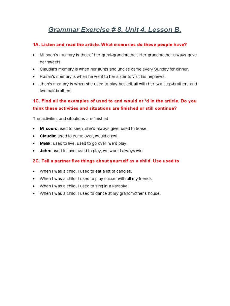 Grammar Exercise: Used To and Would | PDF | Language Arts & Discipline