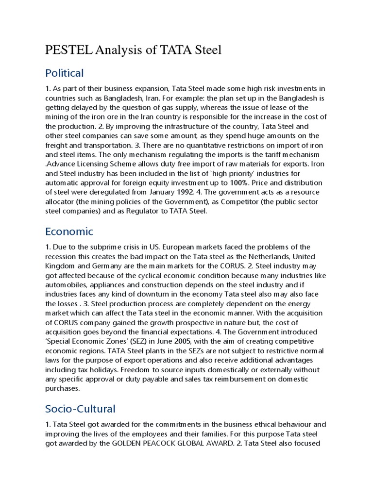PESTEL Analysis of TATA Steel | PDF | Steel | Mining