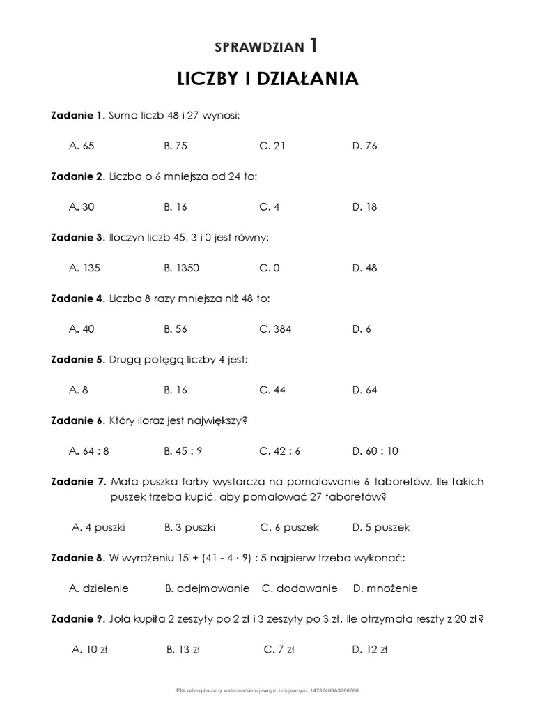 Matematyka Z Plusem Klasa 4 Sprawdziany Działania Pisemne