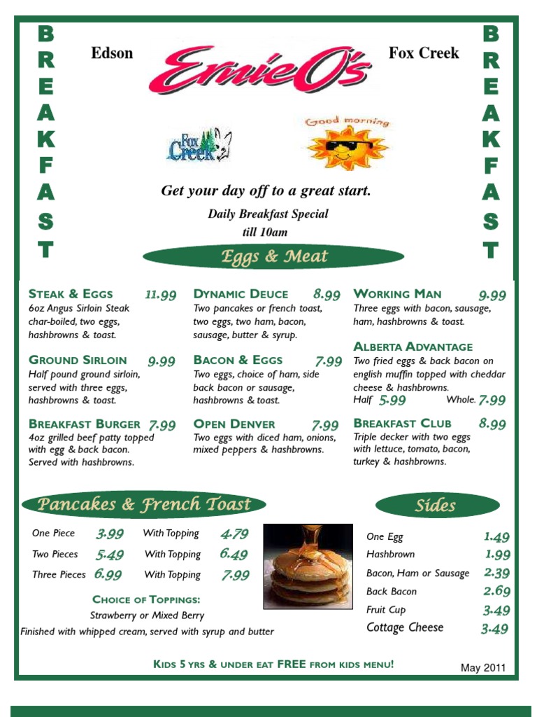 2011 Fox Creek Breakfast Menu Drink Sausage