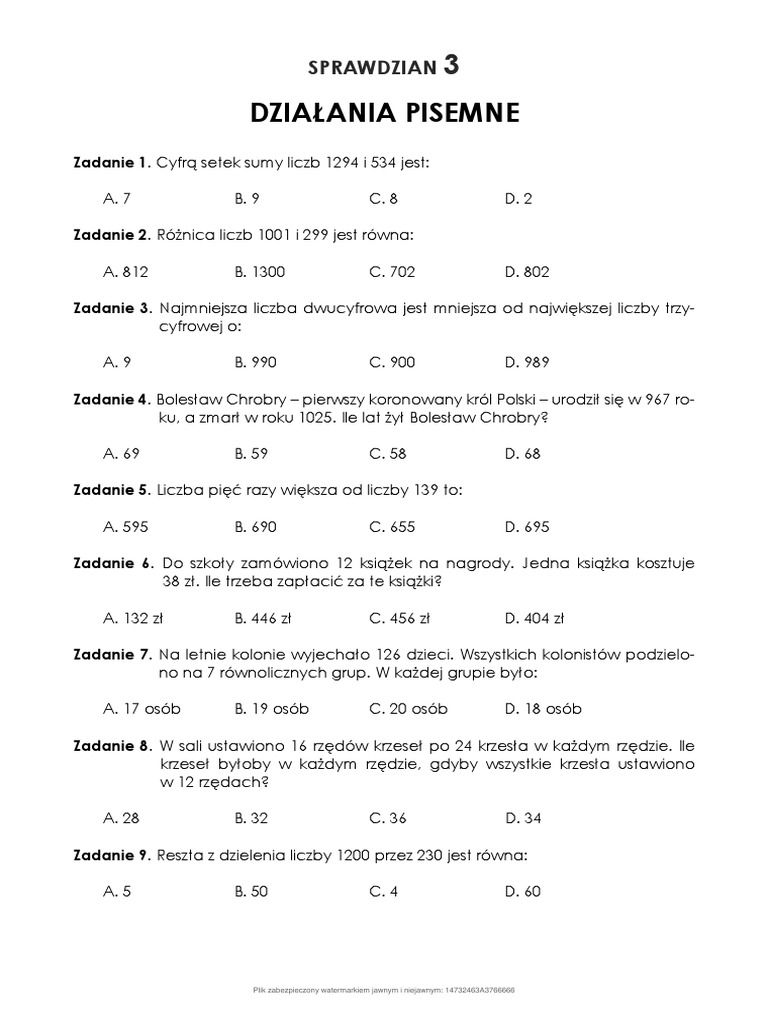 Sprawdziany Klasa 4 Do Druku Sprawdziany Matematyka Klasa IV Dzialania Pisemne | PDF