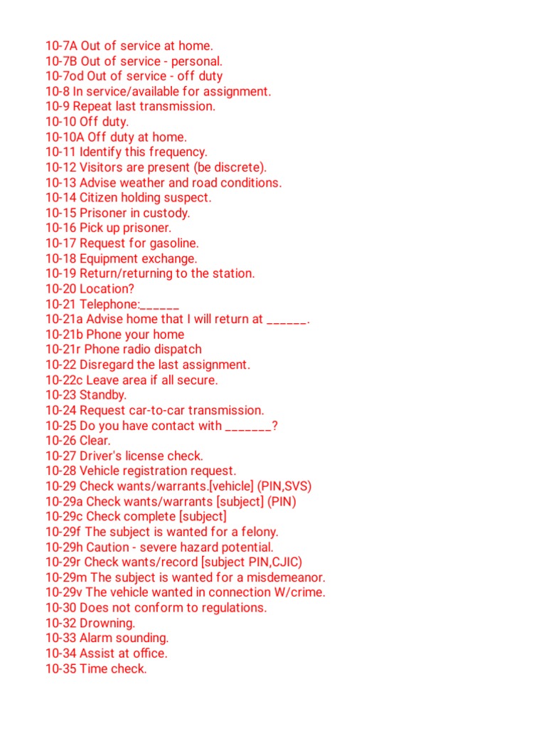 Police Radio Codes PDF Traffic Assault