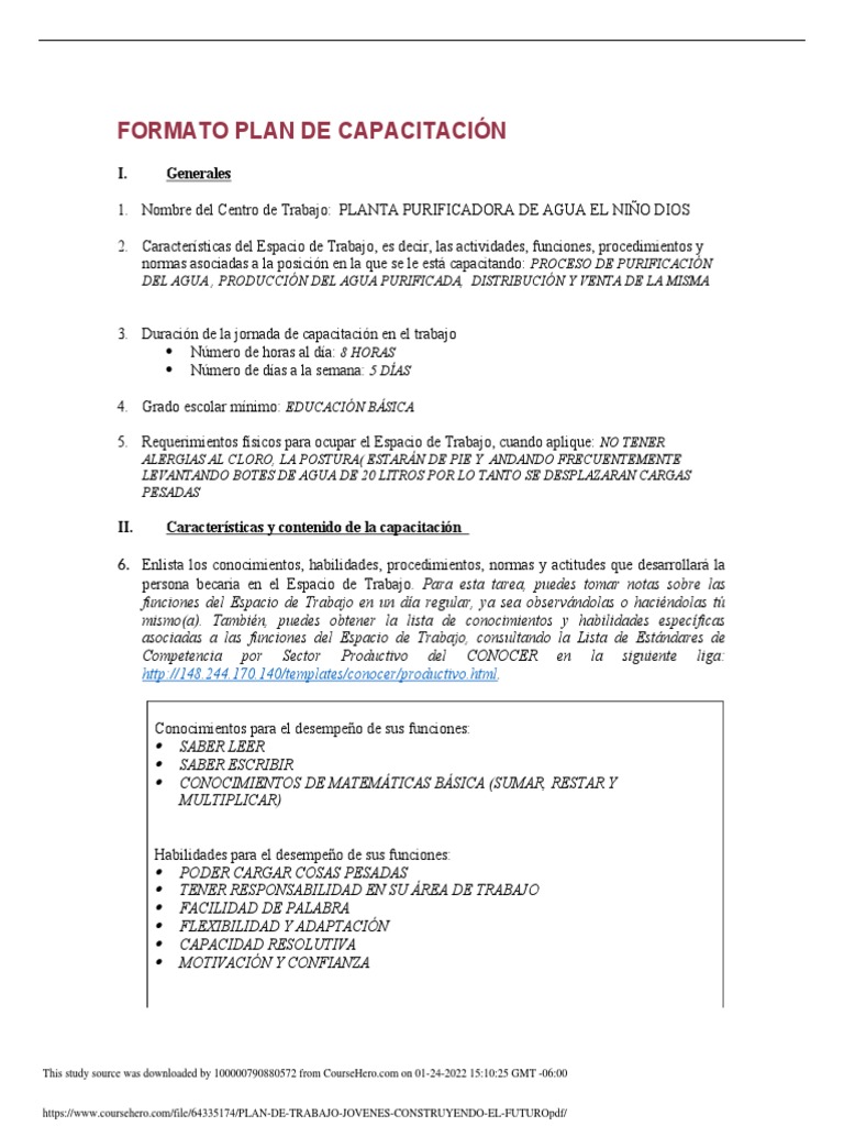 Plan de Capacitación: Jóvenes Construyendo el Futuro | PDF | Agua