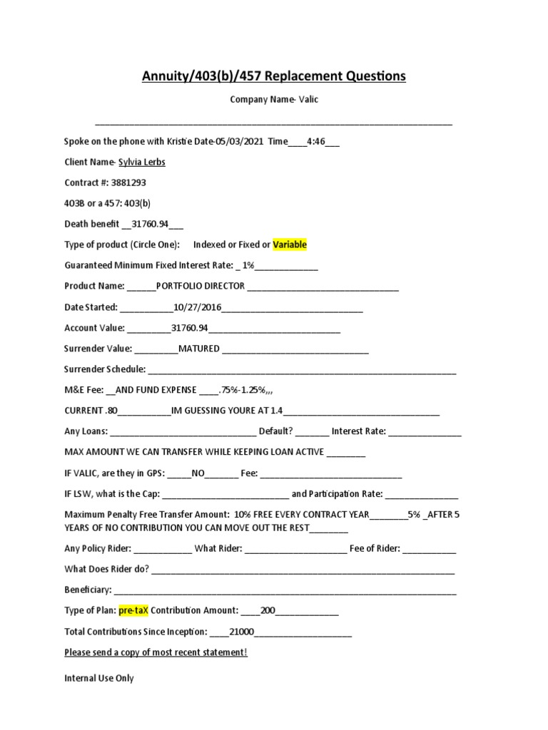 403 (B) Annuity Replacement Questions | PDF | Business | Finance ...