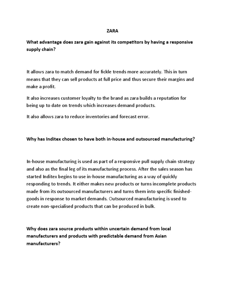 Zara What Advantage Does Zara Gain Against Its Competitors by Having A