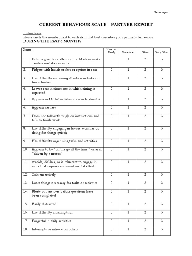 Current Behaviour Scale - Partner Report: During The Past 6 Months ...