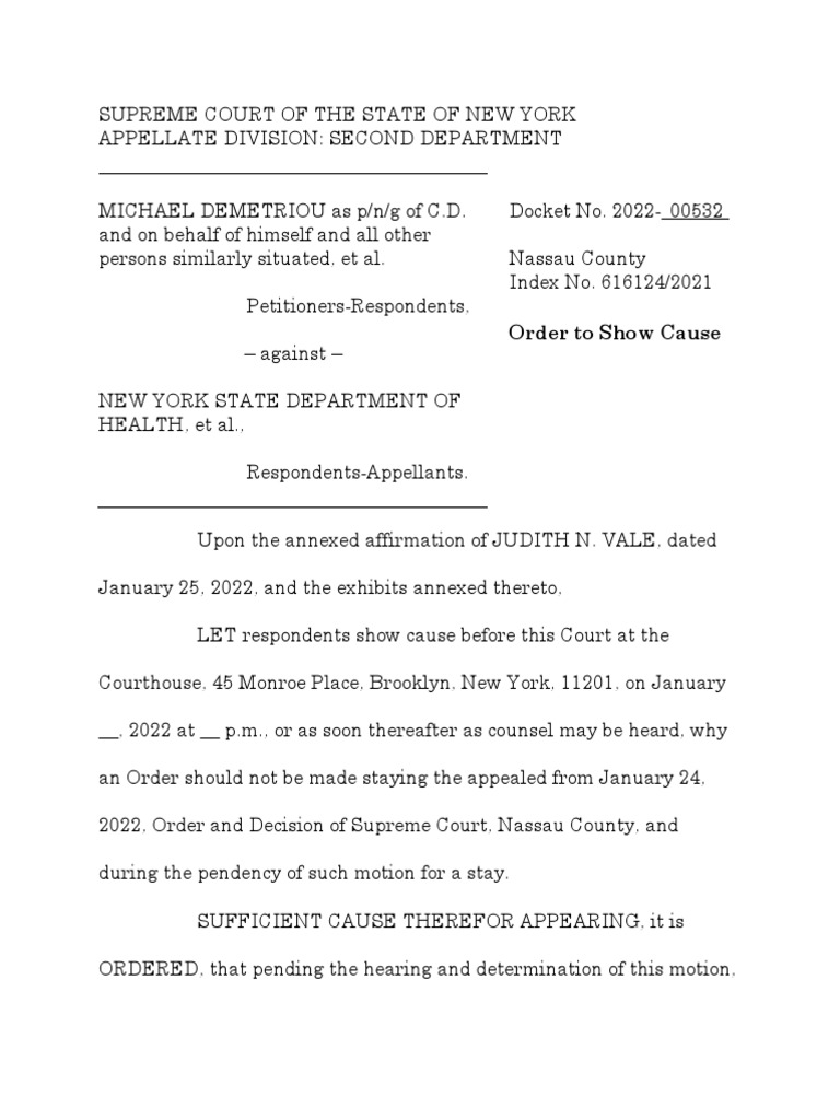 2022 00532 Michael Demetriou Et Al V Michael Demetriou Et Al ORDER To SHOW  CAUSE 3 | PDF | Injunction | Public Health
