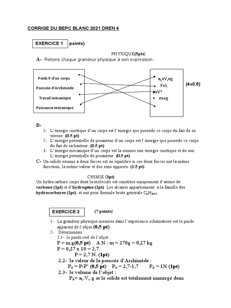 Brevet Blanc Physique Chimie 2022 CORRIGE DU BEPC BLANC Sujet 1 | PDF | Poids | Énergie kinétique