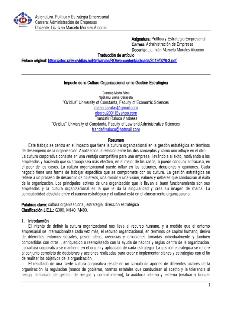 Impacto de la Cultura en Estrategia RH | PDF | Cultura organizacional ...