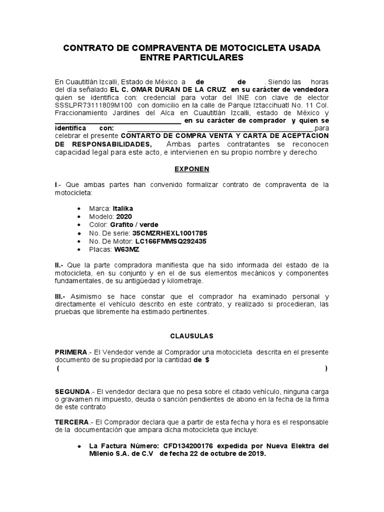 Contrato de Compraventa de Moto Usada Entre Particulares | PDF | Seguro ...
