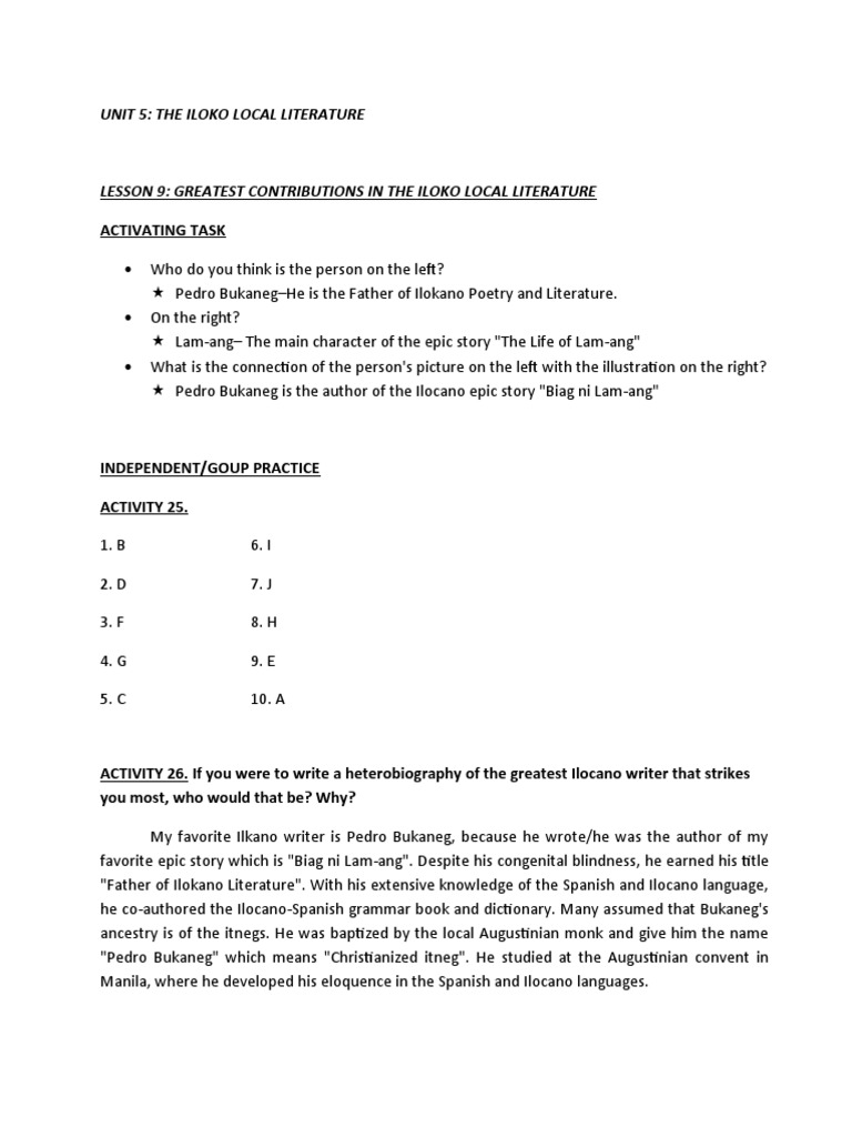 Activating task unit 5 the iloko local literature pdf philippines