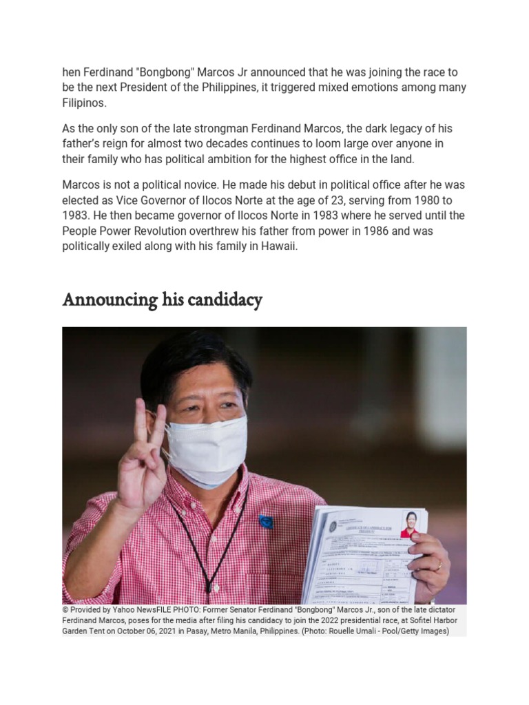 Bongbong Marcos Aims To Leave Behind Family's Dark Legacy and Rise To ...