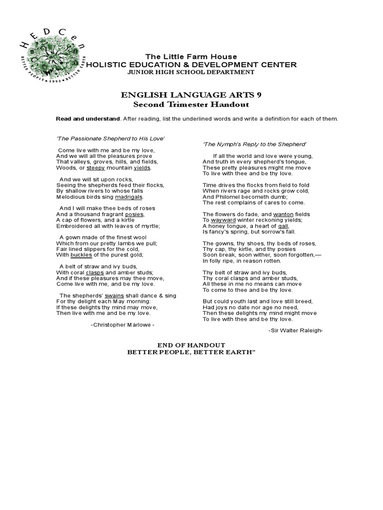 English Language Arts 9 Second Trimester Handout The Little Farm House