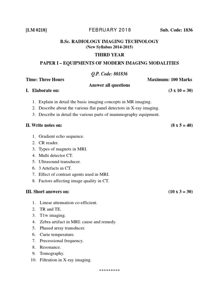 Radiography and Imaging Technology Question Paper PDF Medical