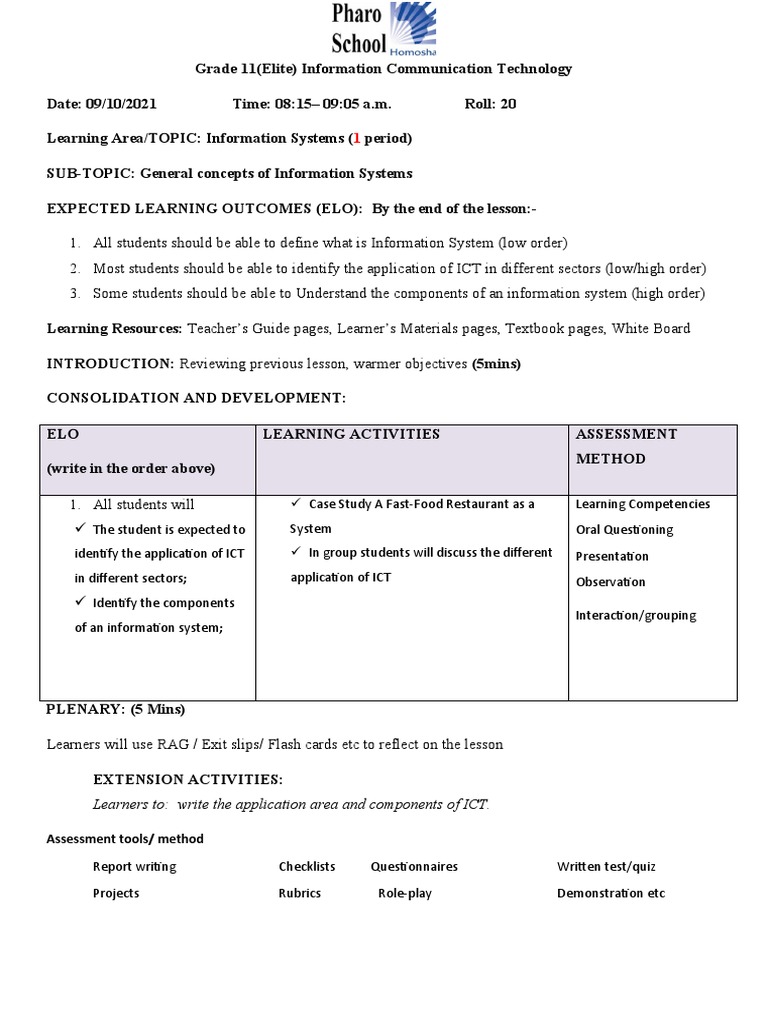 Grade 11 ICT Lesson Plan: Information Systems | PDF