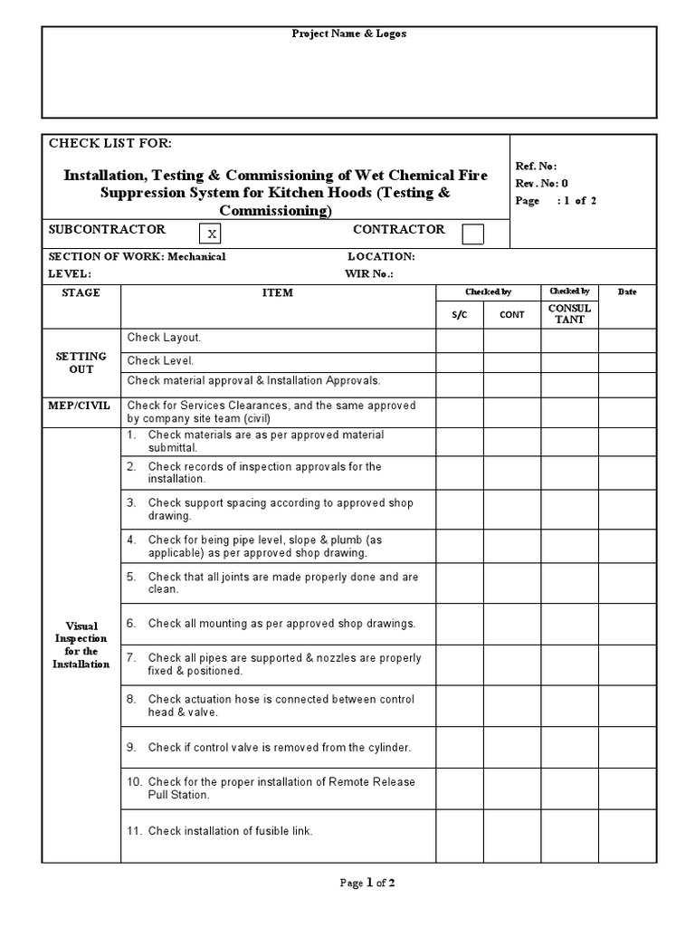 Kitchen Fire Suppression System Checklist | PDF | Valve | Pipe (Fluid ...