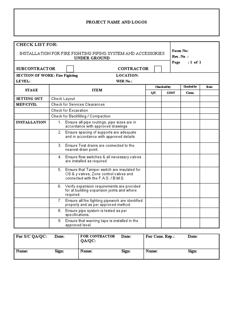 Fire Fighting Piping Installation Checklist | PDF | Plumbing | Gas ...
