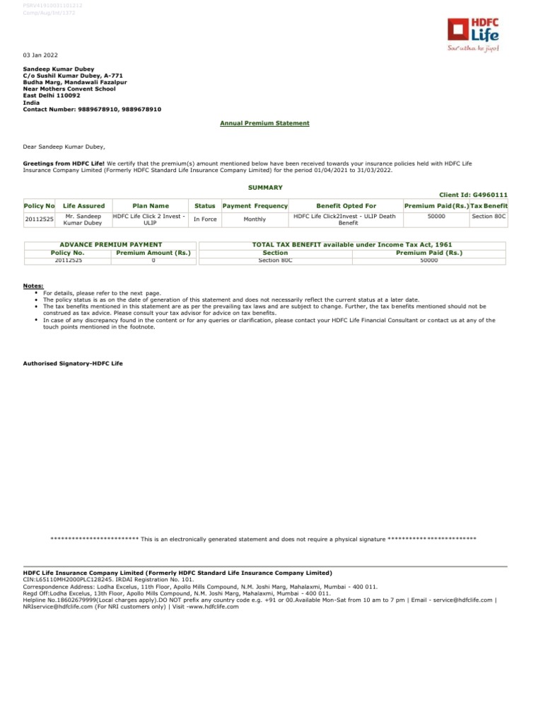 HDFC Ulip 202122 PDF Insurance Debit Card