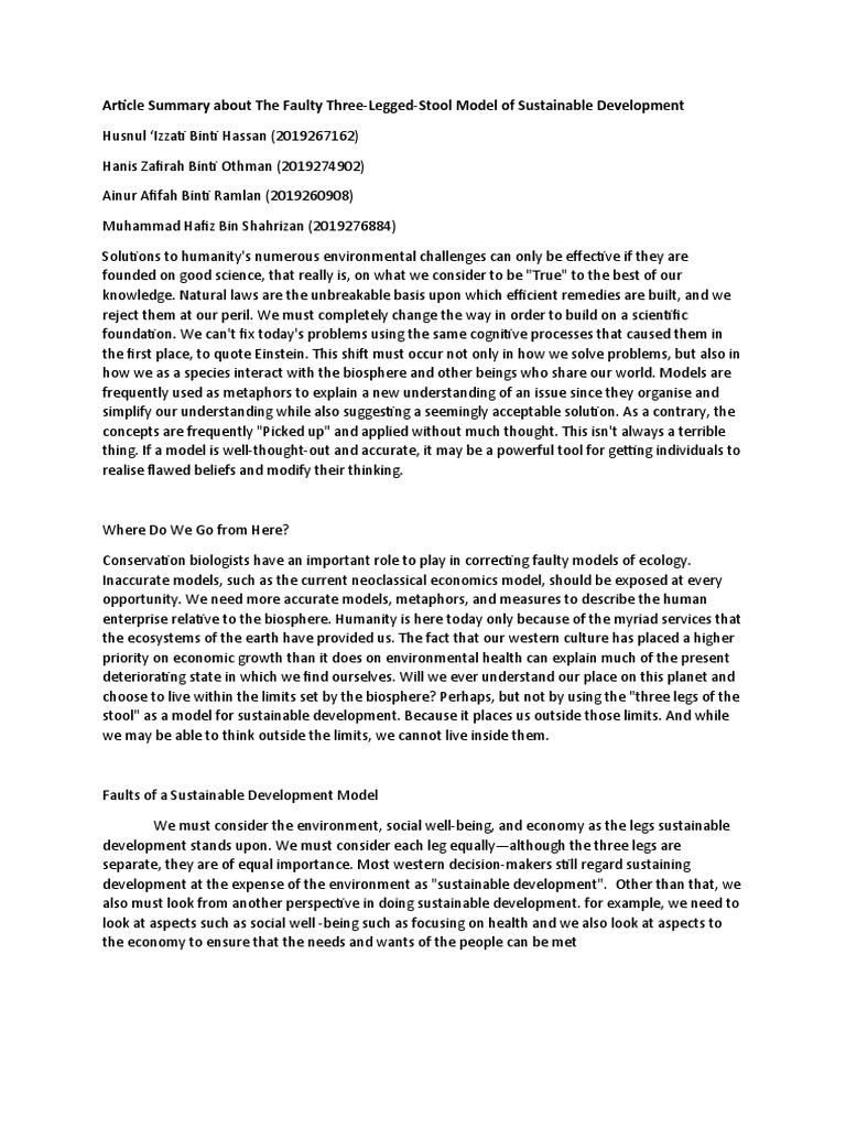 Article Summary About The Faulty ThreeLeggedStool Model of Sustainable Development PDF