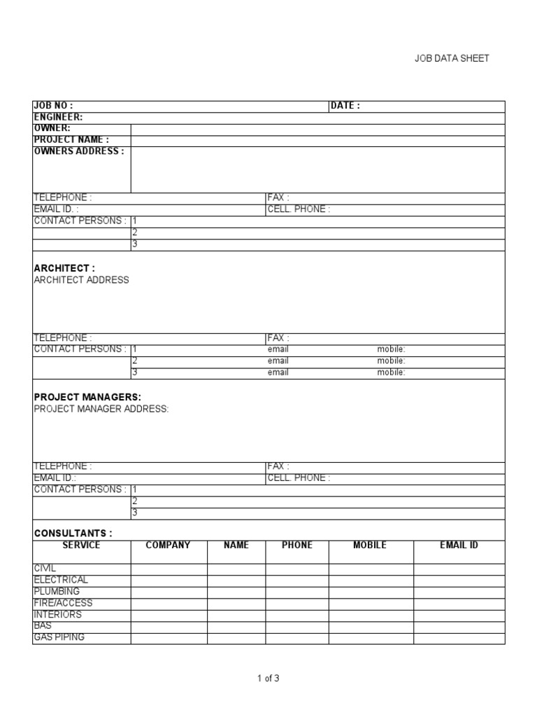 Comprehensive Job Data Sheet Template | PDF