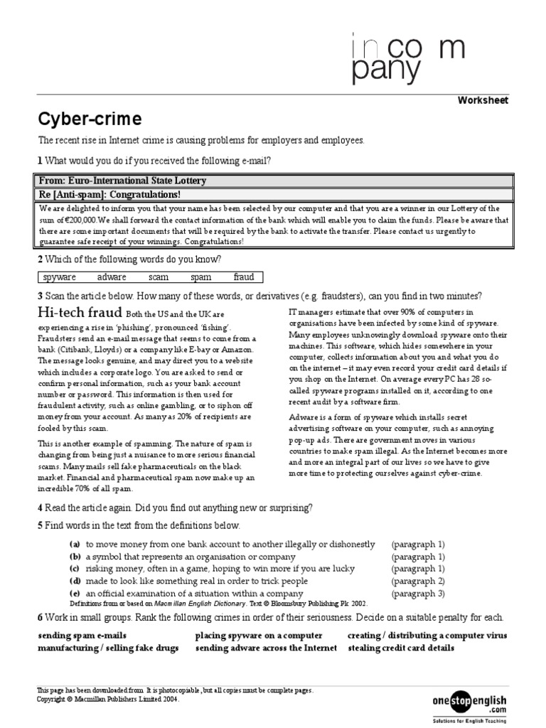 Cyber Crime Worksheet | PDF | Spyware | Spamming