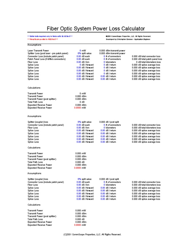 Fiber Optic System Power Loss Calculator Assumptions PDF Decibel