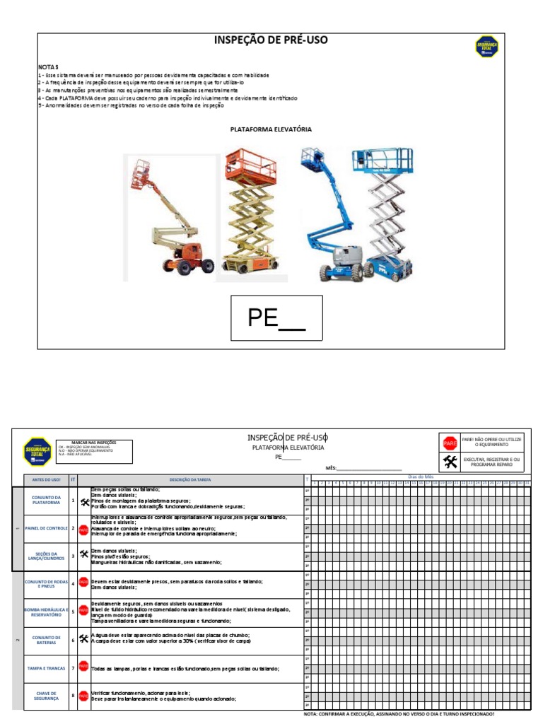 Checklist de inspeção pré-uso para plataforma elevatória | PDF