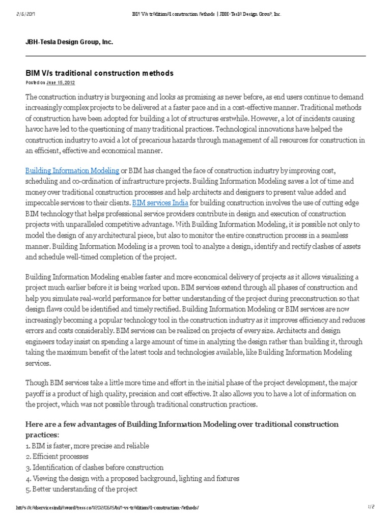 BIM V - S Traditional Construction Methods - JBH-Tesla Design Group ...