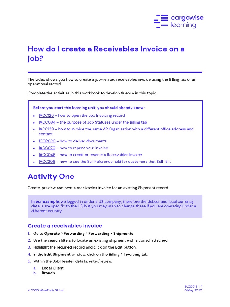 1ACC012 Cargowise Learning Manual Receivables Invoice PDF