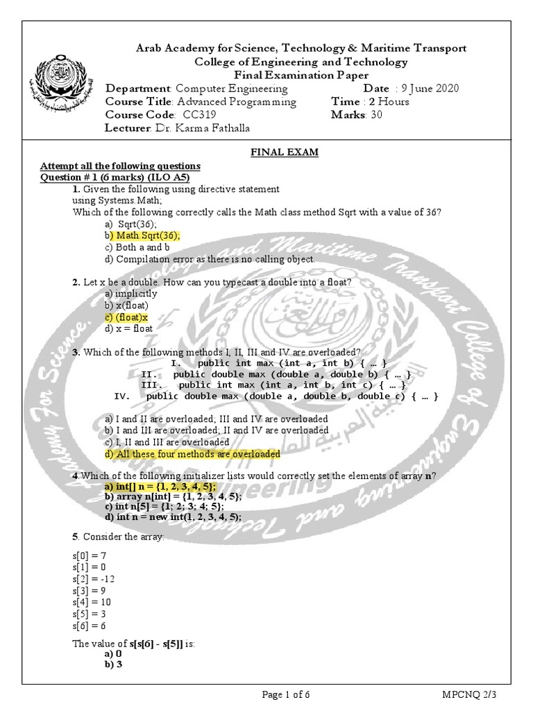 Advanced Programming Exam Questions | PDF | Class (Computer Programming ...