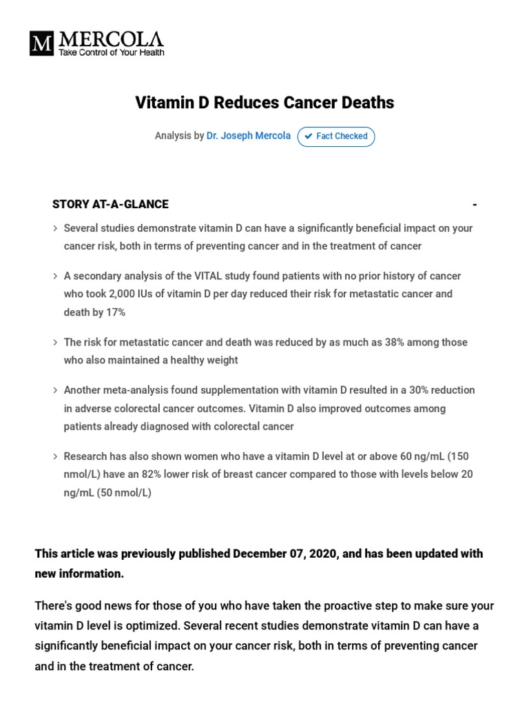 Vitamin D's Role in Cancer Prevention | PDF | Vitamin D | Cancer