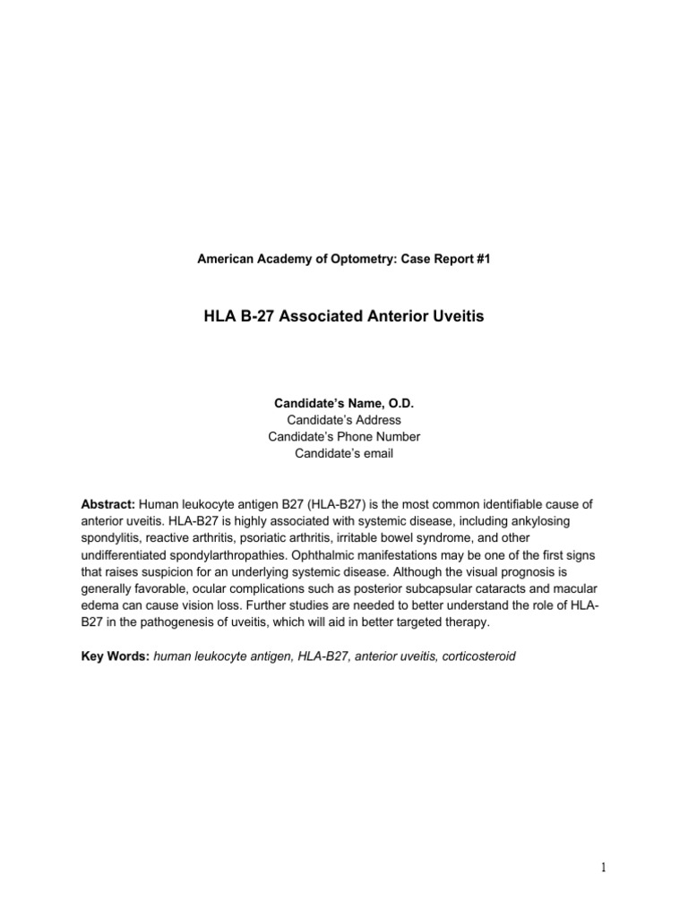HLA B27 Associated Anterior Uveitis American Academy of Optometry