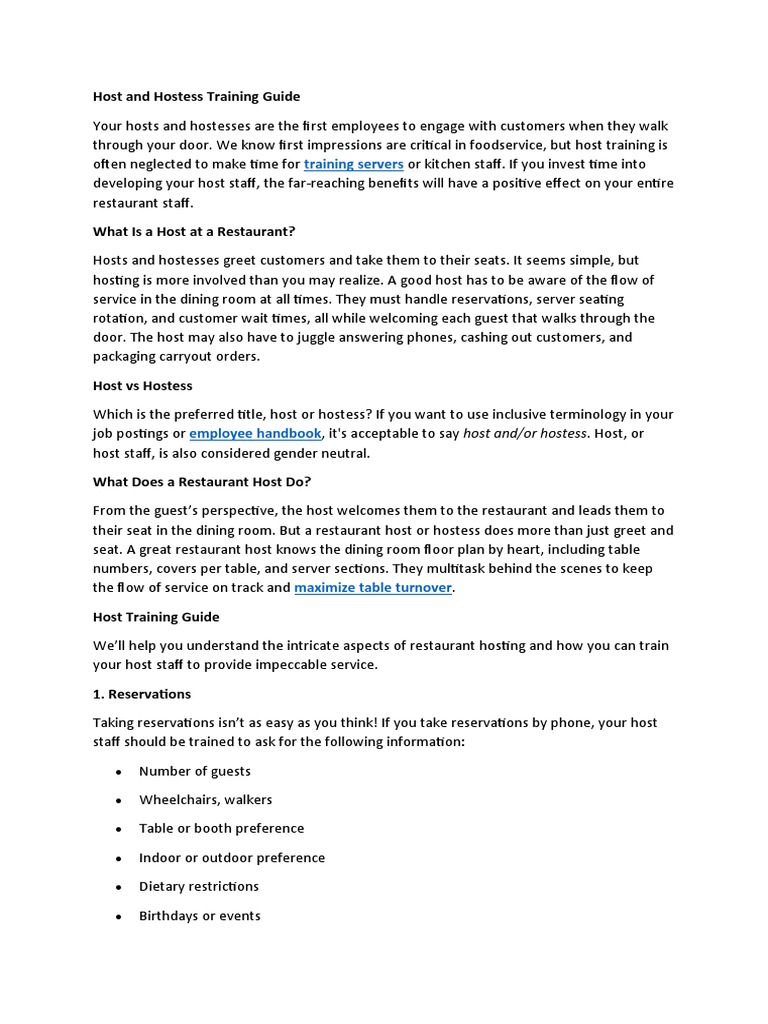 Host Hostess Training Guide | PDF | Waiting Staff | Point Of Sale