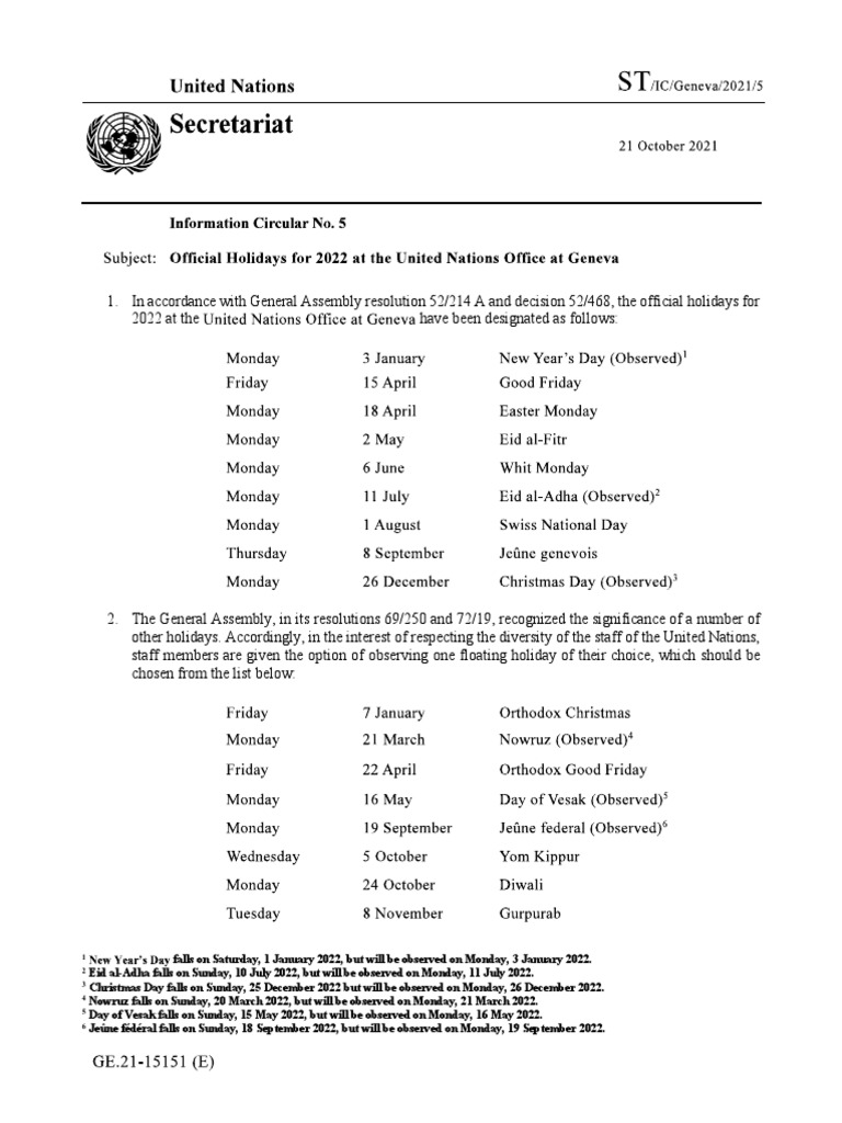 UN Official Holidays For 2022 PDF