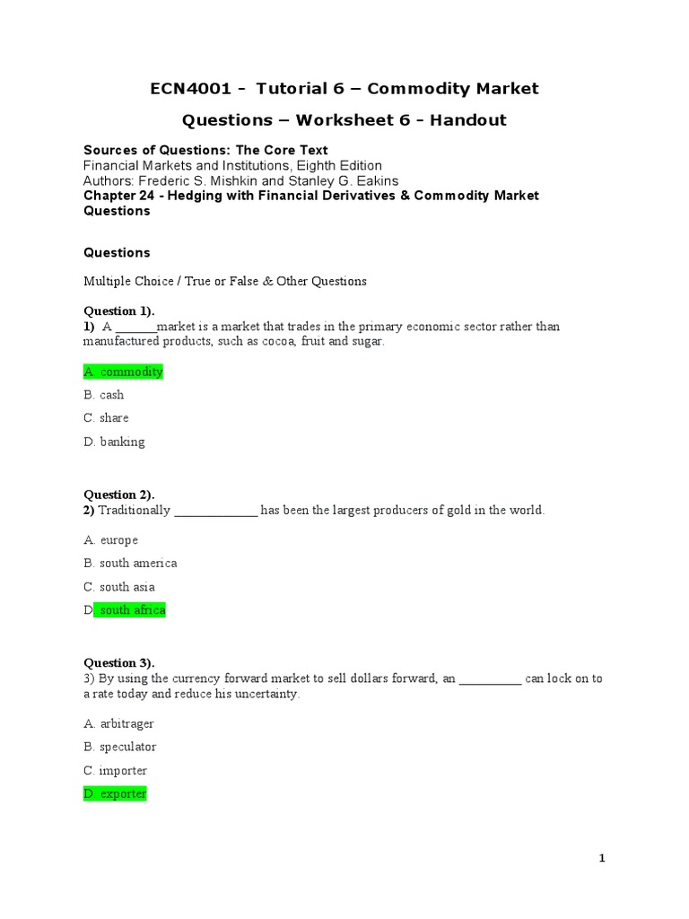 ECN4001 - Tutorial 6 - For Students - Commodity Market - Questions ...