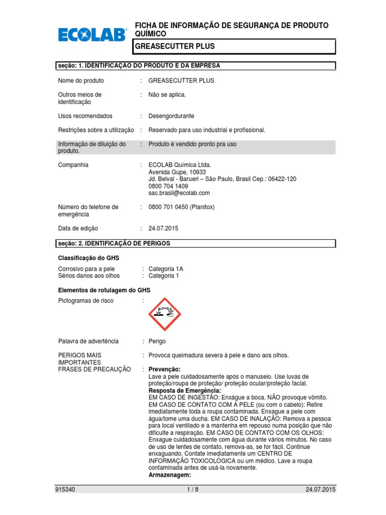 FISPQ GHS Greasecutter Plus PDF Combustão Solubilidade