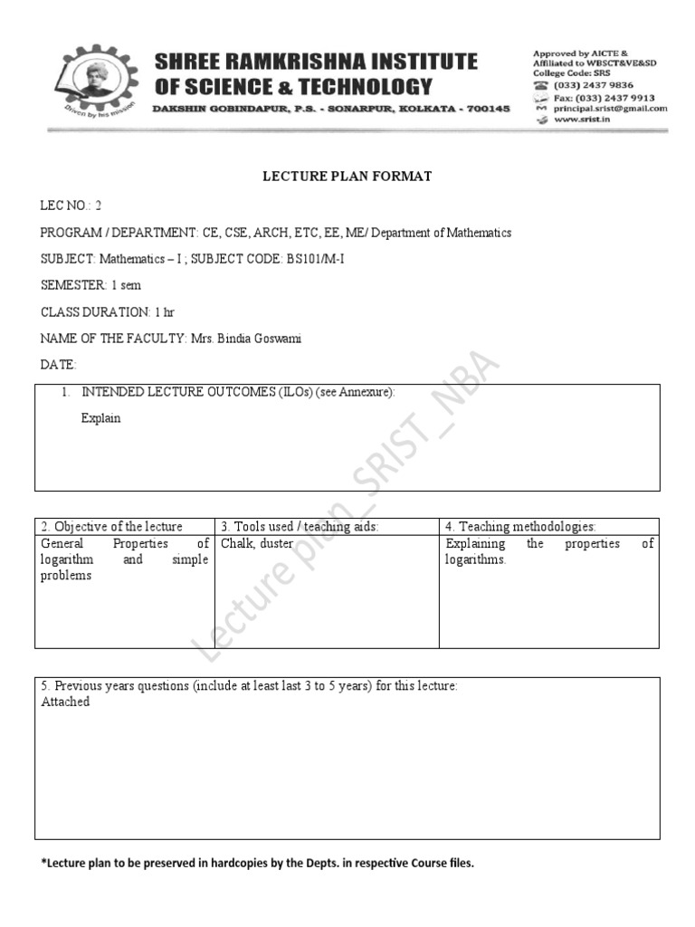 Lecture Plan Format: Lecture Plan To Be Preserved in Hardcopies by The ...