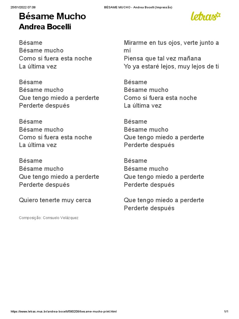 BÉSAME MUCHO - Andrea Bocelli Letra | PDF