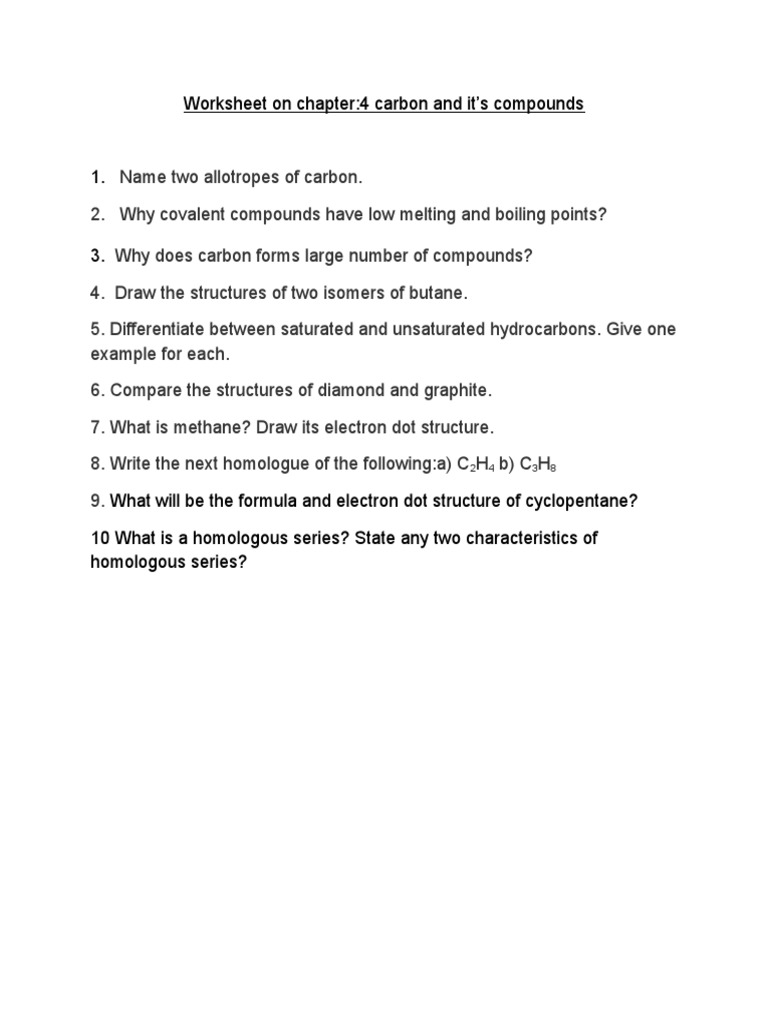 Worksheet On Carbon and Its Compounds | PDF