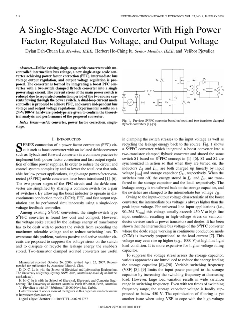 A Single-Stage AC/DC Converter With High Power Factor, Regulated Bus ...